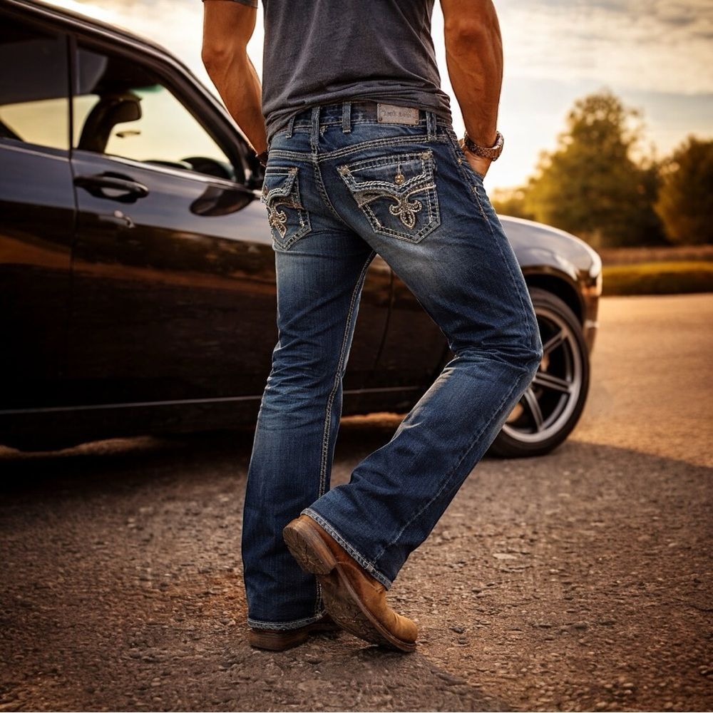 Rock Revival Avery Bootcut Jeans Size 32 Dark Wash Embroidered Crystal Pockets.